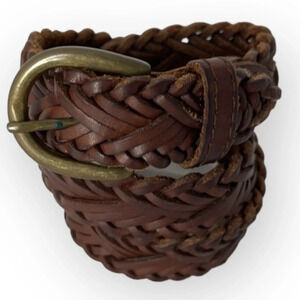 VINTAGE Kids NR Nutmeg Brown Braided Leather Belt with Brass Buckle Boho Size M